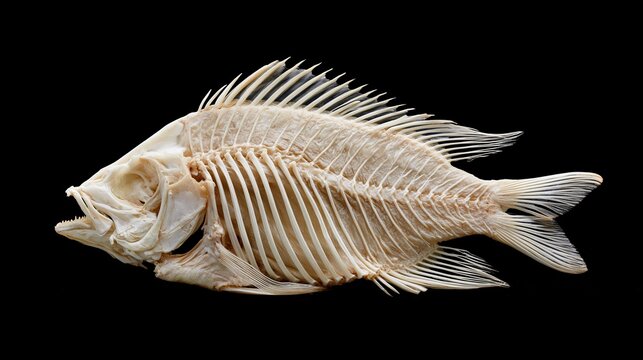 The Exposed Fish Skeleton on Black Background with Intricate Rib and Spine Details