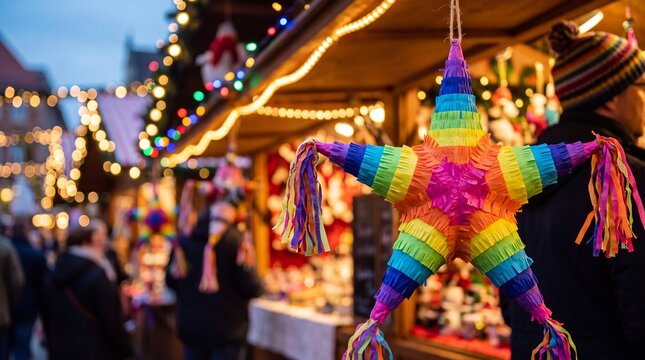 Vibrant las posadas celebration decoration featuring a traditional star pi&ntilde;ata hanging against a warm festive lights background, showcasing colorful hispanic holiday decor and joyful mexican ... See M