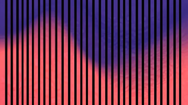 Gradient of purple and peach hues behind black vertical stripes Minimalistic design creating a striking visual.