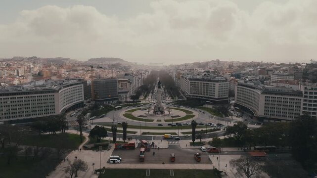 Aerial View Of Marquis Of Pombal Square, Traffic And Cityscape In Lisbon, Portugal.