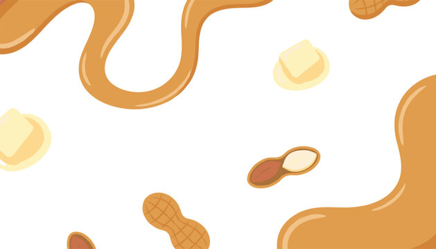 Abstract background illustration depicting a creamy peanut butter swirl accompanied by whole peanuts, split shells, and butter cubes.