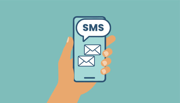 Hand holding a light blue smartphone displaying a bubble speech with text SMS and two envelope icons on a teal background.