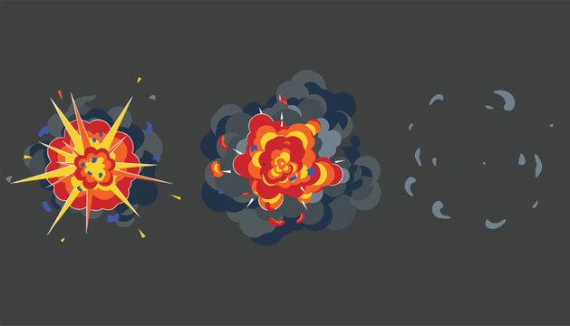 Vector illustration showing three consecutive stages of a cartoon explosion from the fiery blast to thick smoke and final dissipation.