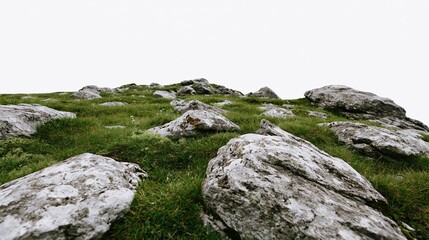 Naklejka premium Rocky hillside covered in scattered grey-white stones and green grass under overcast sky