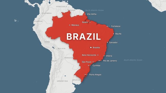 Brazil light map zoom with red highlight and city labels