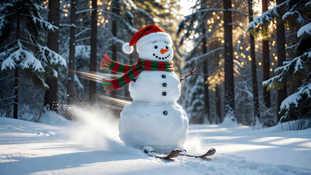 Inverno, pupazzo di neve con forme di donna che scia felice nel bosco