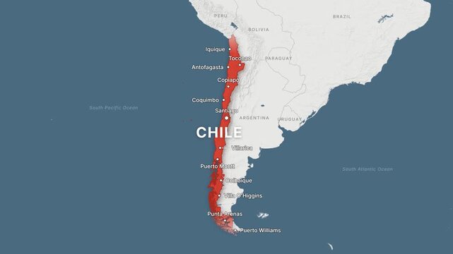 Chile light map zoom with red highlight and city labels