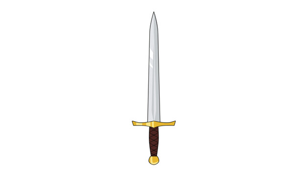 Medieval iron sword with a sharp silver blade and a golden crossguard isolated on a clean white background.