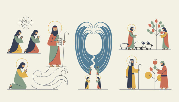 Detailed set of biblical scene illustrations depicting classic old testament stories including the parting of Red Sea.