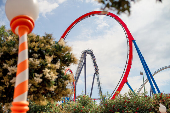 Red and blue roller coaster loop framed by blooming trees against cloudy sky