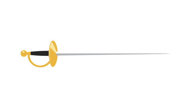Golden fencing foil sword with a black handle positioned horizontally against a plain white background.