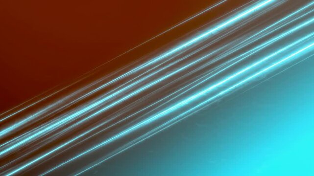 Diagonal parallel lines of glowing blue light crossing a two tone brown and cyan background Representing technology and progress.