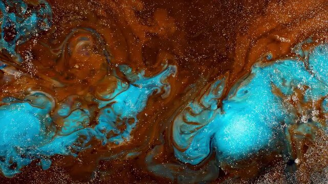 Glittering teal and earthy brown pigments swirling together resembling a nebula in deep space Conceptual universe formation.
