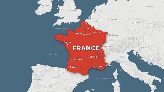 France light map zoom with red highlight and city labels