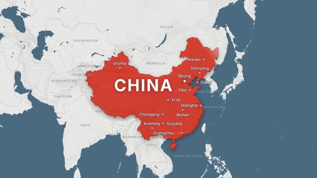 China light map zoom with red highlight and city labels