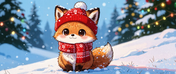 Fototapeta premium A cute chibi cartoon illustration of fox, winter animal in hat and scarf for Christmas