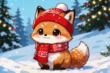 Fototapeta premium A cute chibi cartoon illustration of fox, winter animal in hat and scarf for Christmas