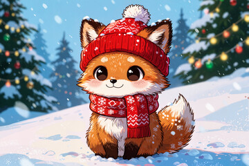 Fototapeta premium A cute chibi cartoon illustration of fox, winter animal in hat and scarf for Christmas