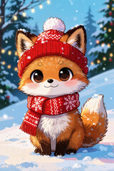 Fototapeta premium A cute chibi cartoon illustration of fox, winter animal in hat and scarf for Christmas