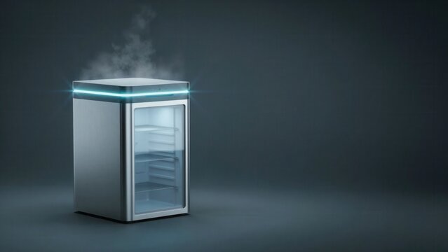 Modern compact mini refrigerator with glowing blue light and rising steam