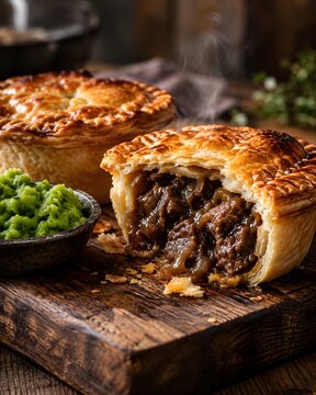 Freshly baked meat pie with golden pastry crust, savory beef gravy filling, side of mushy peas on wooden board