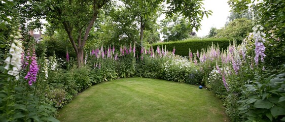 Naklejka premium Curved lawn surrounded by blooming foxglove and green hedges in a private garden