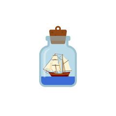 Sailing ship in a bottle with wooden cork and blue liquid ocean base symbolizes nautical travel adventure and handcrafted souvenirs for coastal decor and hobbies. © Rubab