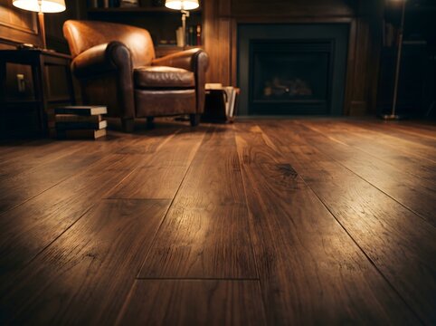 Low Angle View Dark Walnut Wood Plank Floor In Cozy Living Room With Fireplace And Leather Armchair