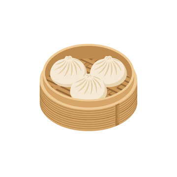 Bamboo steamer basket with three steamed dumplings featuring authentic asian cuisine style for restaurant menus and food photography graphic design resources.