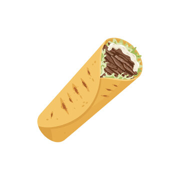 Doner kebab wrap with grilled beef strips and fresh green lettuce features golden brown toasted flatbread for street food menus and restaurant takeaway branding.