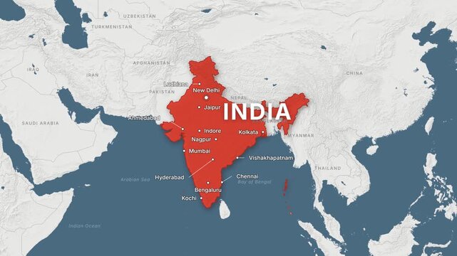 India light map zoom with red highlight and city labels