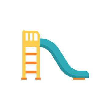 Colorful playground slide illustration features bright yellow ladder and turquoise chute standing on orange bases for children recreation area graphic design projects.