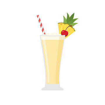 Refreshing tropical pina colada cocktail features pineapple slice red cherry garnish and striped paper straw in tall glass for summer party food menu design art.