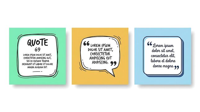 Hand-drawn quote cards with Latin text speech bubbles, three distinct color backgrounds, vintage sketch style