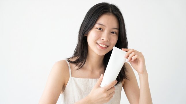 Beautiful Asian Model Holding Blank Facial Foam Cream Tube for Beauty Product Commercial and Dermatology Campaign