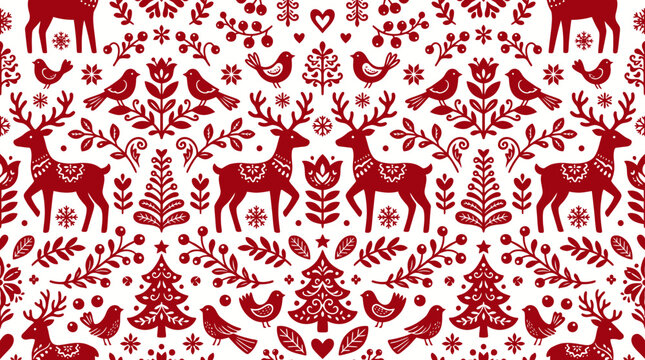 Red Folk Art Pattern with Deer, Trees, and Birds