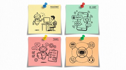 Fototapeta premium AI Assistant Support Services Four Set Sticky Notes Displaying Chatbot Tasks and Automation Icons