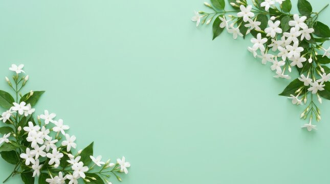 Beautiful white jasmine flower border frame with green leaves on a soft pastel mint background for wedding cards and invitations