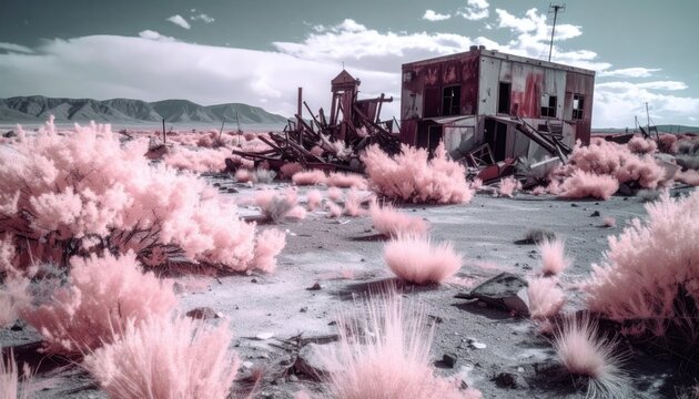Surreal infrared landscape with abandoned, decaying building and vibrant pink desert foliage under a dramatic sky.