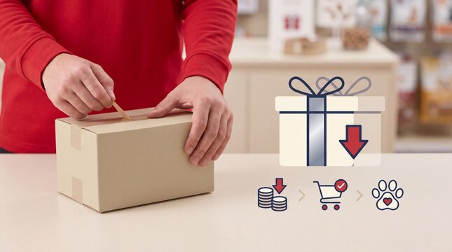 Boxing Day Person sealing a cardboard parcel at a store counter with digital shopping icons overlaid on the image