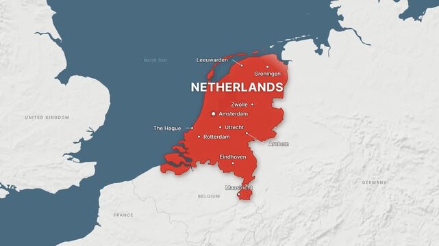 Netherlands light map zoom with red highlight and city labels