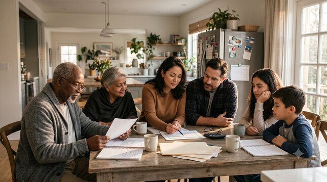 Diverse multi generational family discussing finances at kitchen table.