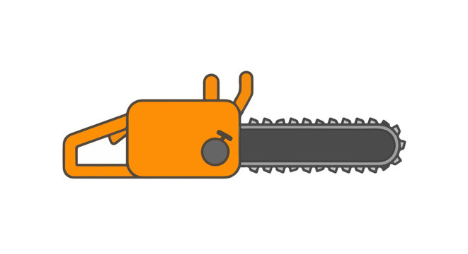 A vibrant orange and grey technical illustration of a motorized chainsaw equipped with a long cutting bar, sharp drive links, and a heavy-duty engine housing