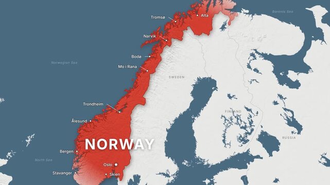 Norway light map zoom with red highlight and city labels