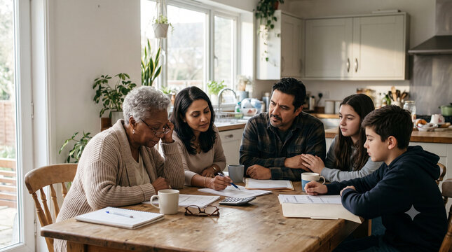 Diverse multi generational family discussing finances at kitchen table.
