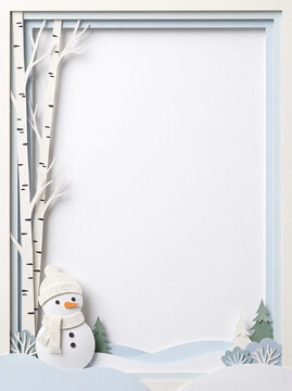Cute snowman with white birch trees in winter paper frame with copy space, vertical layout