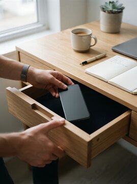 Organizing phone storage in wooden drawer minimalist desk setup for workspace organization and decluttering