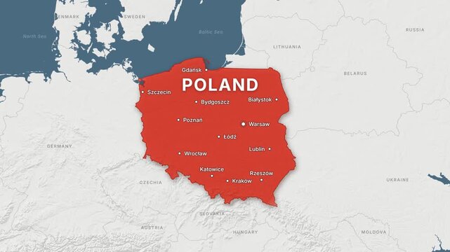 Poland light map zoom with red highlight and city labels