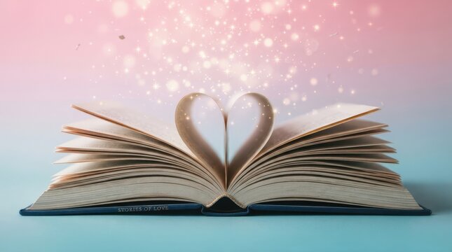 Open book with pages folded into heart shape and glowing fairy dust sparkles floating above