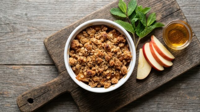 Apple crumble dessert in a white ramekin with fresh mint and honey